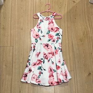 Girls' White Floral Halter Dress with Pink Rose Print